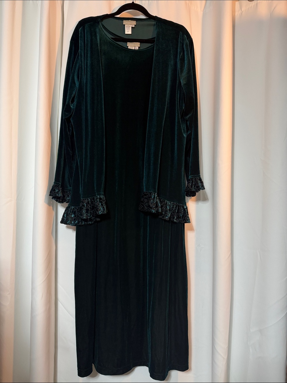 VTG Emerald Green Velvet Maxi Dress Jacket Burnout Velvet Trim 1X Whimsigoth R2